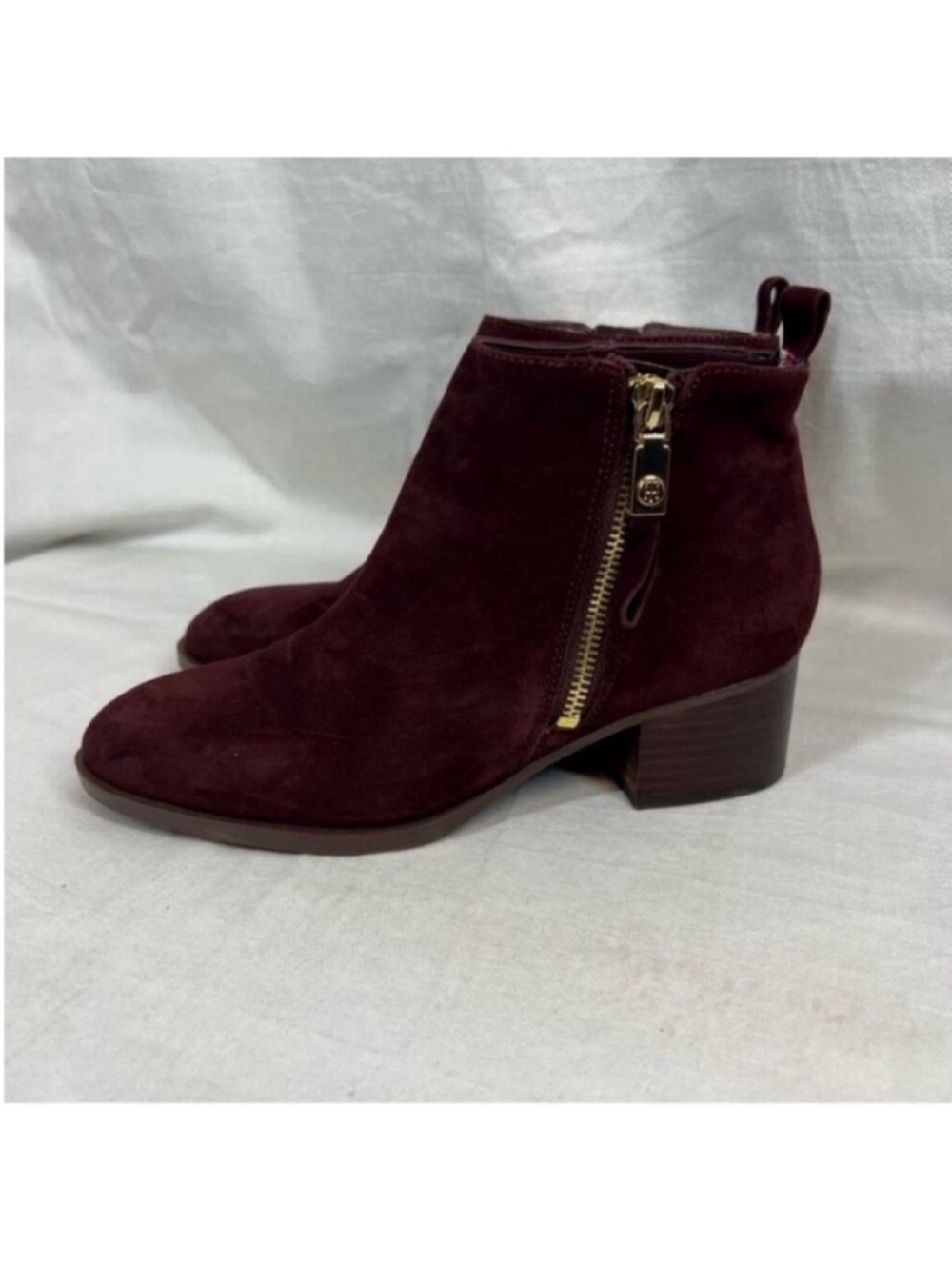 Tommy Hilfiger reiz zip suede leather burgundy ankle booties chic preppy